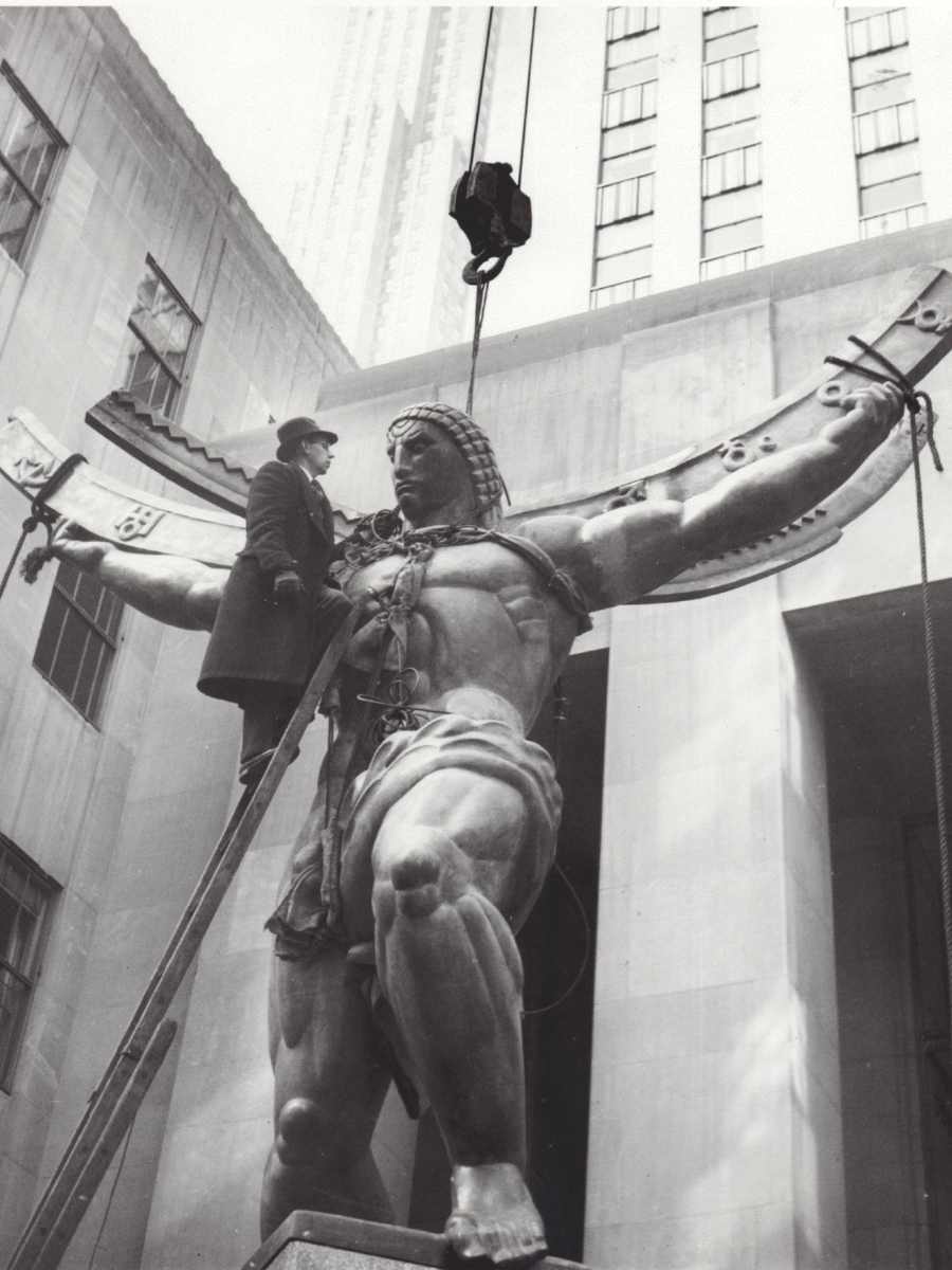 Construction of the Atlas statue at the main entrance of 45 Rockefeller Plaza